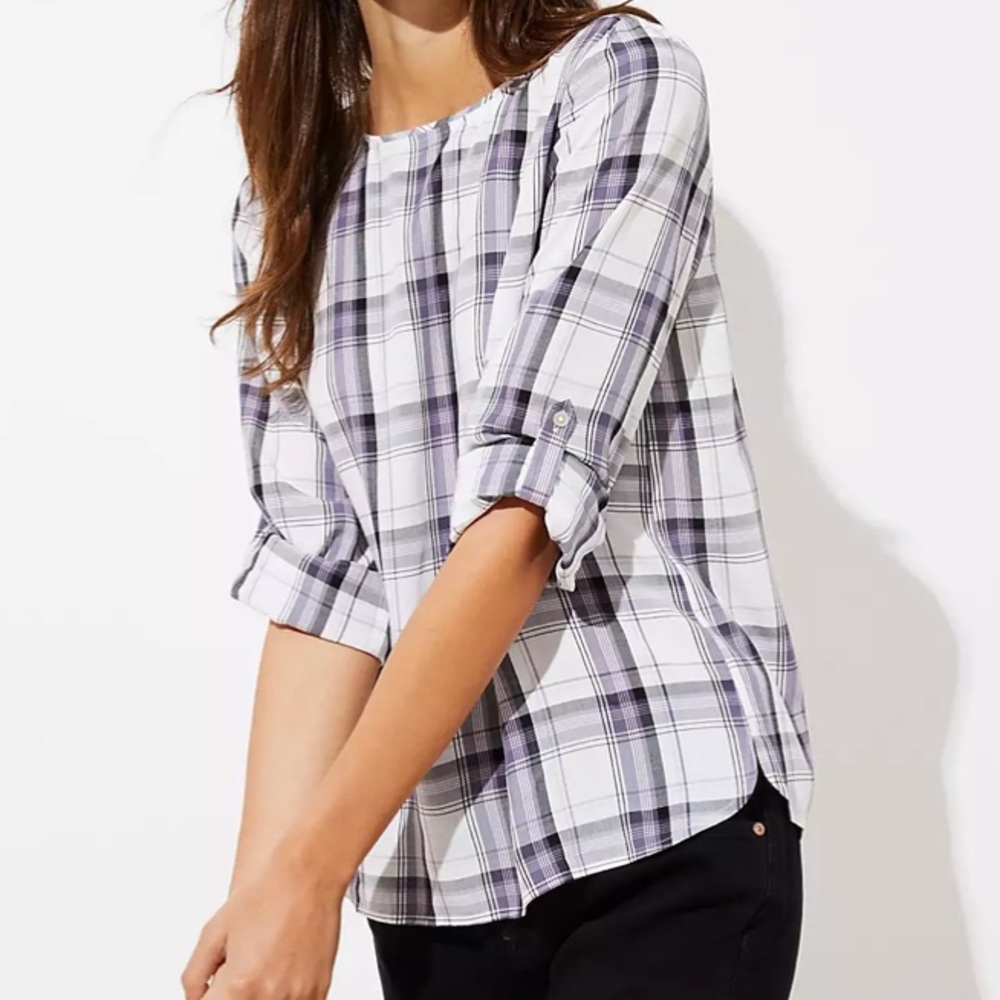 LOFT Plaid Tab Sleeve Blouse